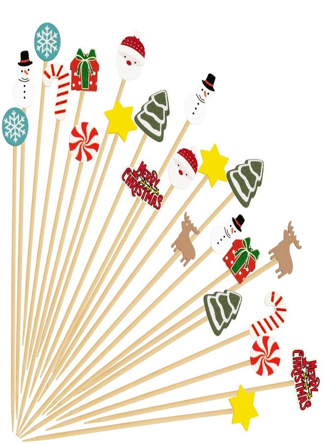 HFBOBP 100pcs Christmas Cocktail Picks, 4.7inch Christmas Tree Snowman Santa Claus Reindeer Candy Snowflake Gift Bamboo Cocktail Toothpicks Fruit Food Appetizer Skewers for Winter Christmas Party Decorations - Image 1